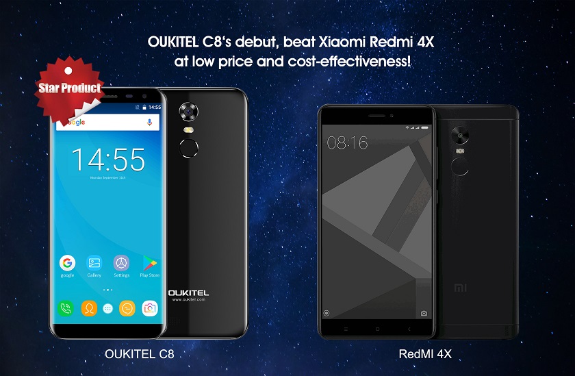  Новый безрамочный OUKITEL C8 против Xiaomi Redmi 4X Xiaomi  - oukitel-c8
