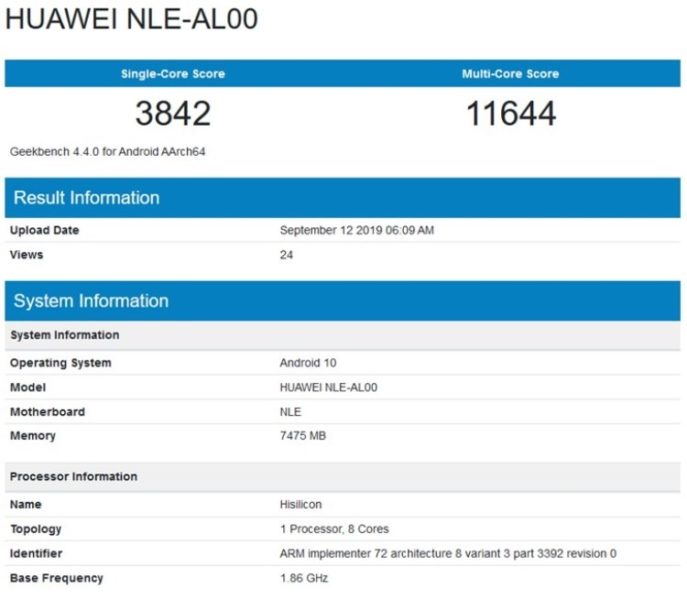  В базе Geekbench был замечен Huawei NLE-AL00 с чипом Kirin 990 и 8 Гбайт оперативки Huawei  - 1-4