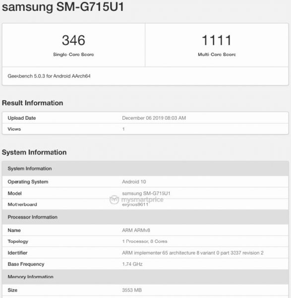  Samsung SM-G715U1 найден в бенчмарке с чипом Exynos 9611 Samsung  - geek2