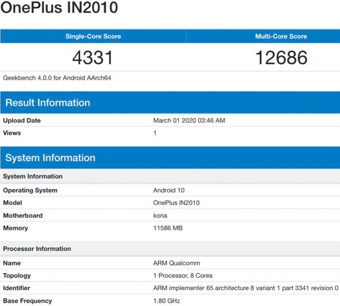  OnePlus 8 5G с 12 Гбайт оперативки был протестирован в Geekbench Другие устройства  - one2