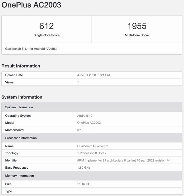  OnePlus Z со Snapdragon 765G засветился в Geekbench Другие устройства  - one2