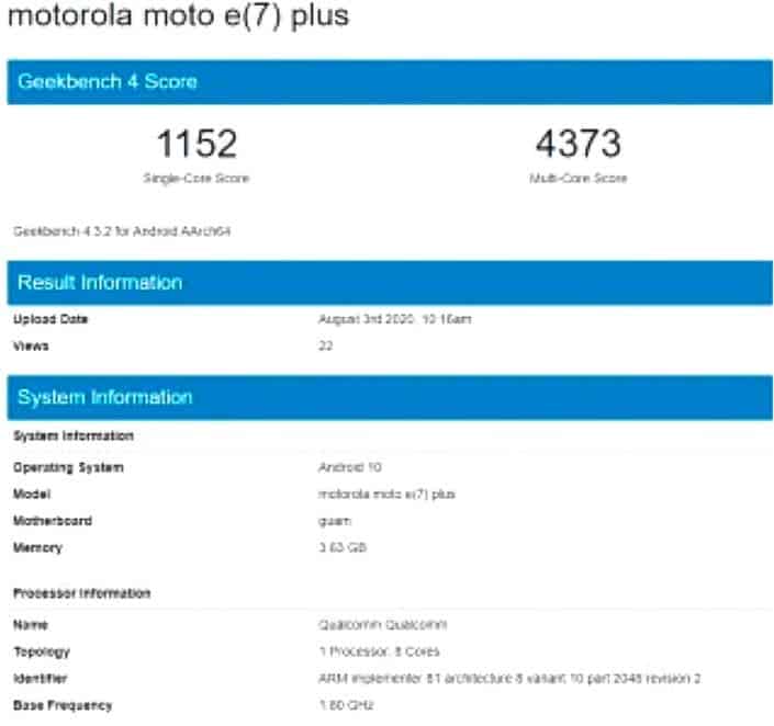  Moto E7 Plus нашли в Geekbench: средний девайс с Android 10 Другие устройства  - motoe7geekbench1