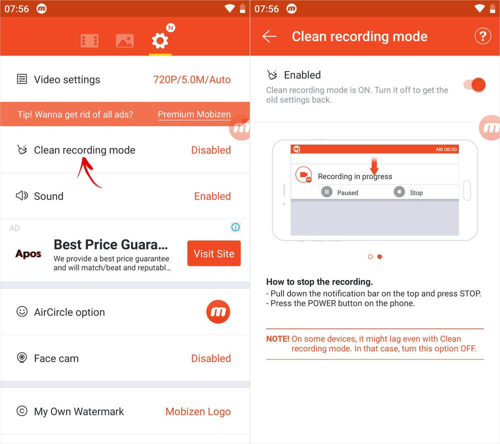  Как снять с планшета и смартфона скринкаст Приложения  - clean-recording-mode